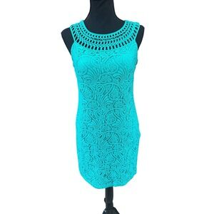 Jessica Howard Dress Sleeveless Green Lace Floral Eyelet Lined Size 8 Petite